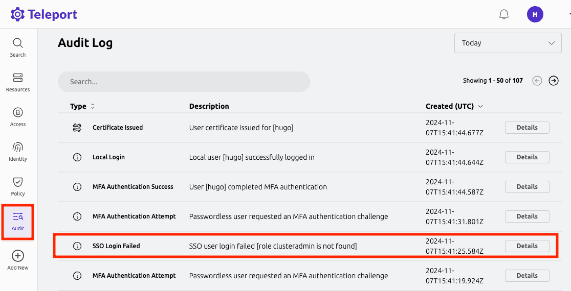 Audit Log Entry for SSO Login error